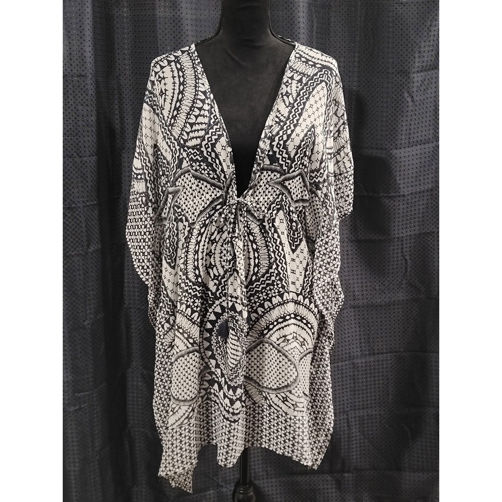 Jessica Simpson Womens Black White Tribal Print Kaftan Swim Cover Up Large